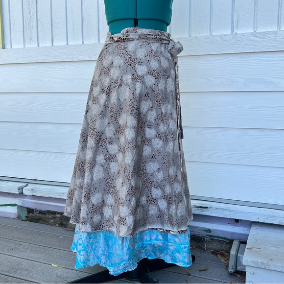 Double Layer Patterned Grey and Blue Women's Maxi Skirt. One Size. - Picture 2 of 10